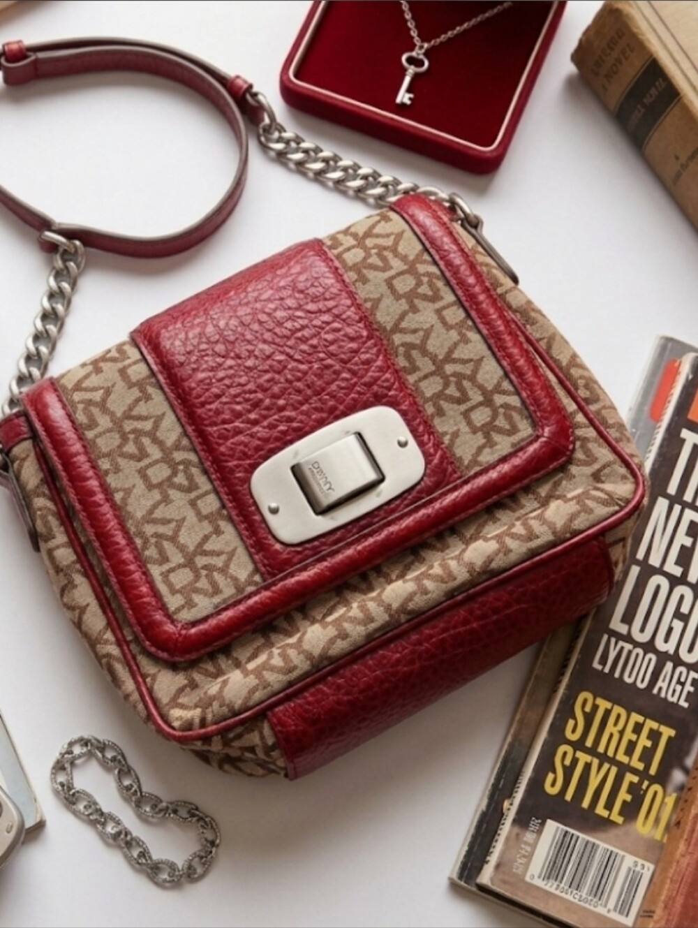 DKNY Vintage Monogram Crossbody Bag Red Leather Trim Y2K Logo